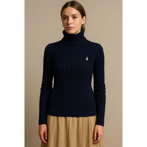 Ralph Lauren turtleneck. Thick cable knit, navy embroidered logo. Cozy prep. - Picture 3 of 10
